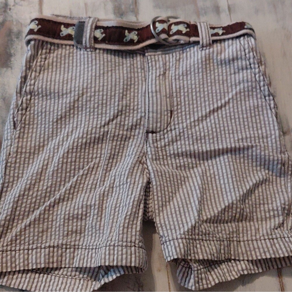 Gymboree Boys 6-12M Brown/White Striped Seersucker Cargo Shorts Button Pockets